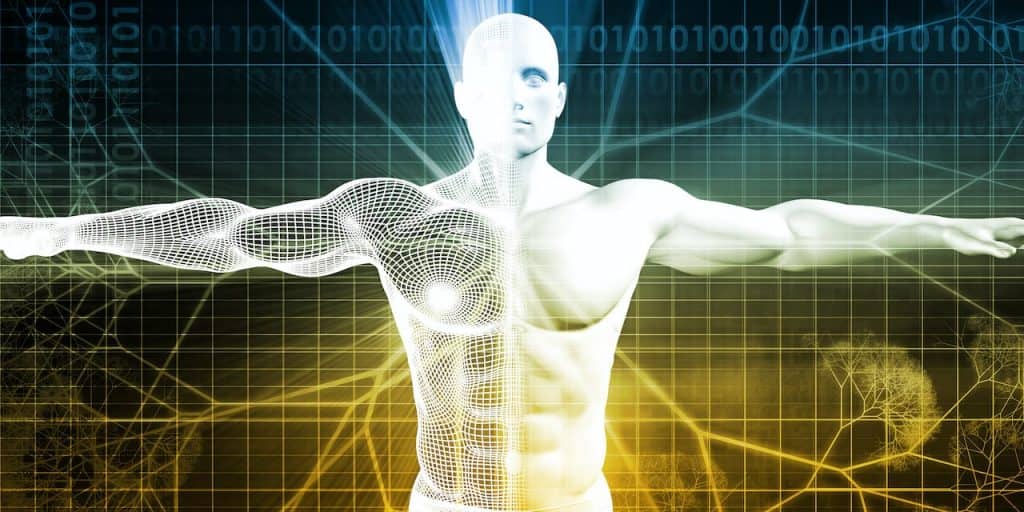 Das Bild eines Mannes mit ausgestreckten Armen vor einem digitalen Hintergrund zeigt Sportosteopathie.