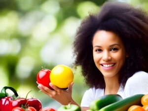 Eine Frau mit Afro-Haaren hält einen Haufen Obst und Gemüse in der Hand und wirbt für Osteopathie in Hamburg.