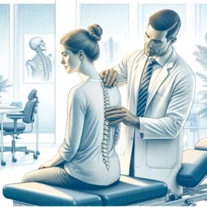 Ein Chiropraktiker, ein professioneller Mann im weißen Kittel, untersucht die Wirbelsäule einer Patientin in einer gut ausgestatteten Arztpraxis mit Schwerpunkt auf den Grundlagen der Osteopathie. Die Umgebung ist detailliert und realistisch in einem blauen monochromen Farbschema dargestellt.