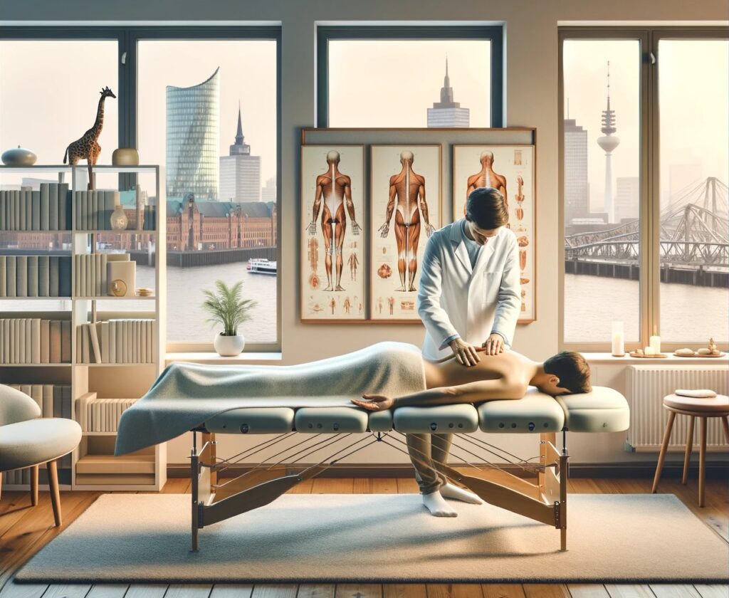 Ein Osteopath im blauen OP-Kittel behandelt einen Patienten, der auf einem Behandlungstisch in einer Klinik liegt, an deren Wand eine Pflanze und gerahmte Bilder hängen.