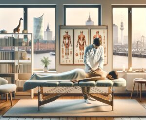Ein Osteopath im blauen OP-Kittel behandelt einen Patienten, der auf einem Behandlungstisch in einer Klinik liegt, an deren Wand eine Pflanze und gerahmte Bilder hängen.
