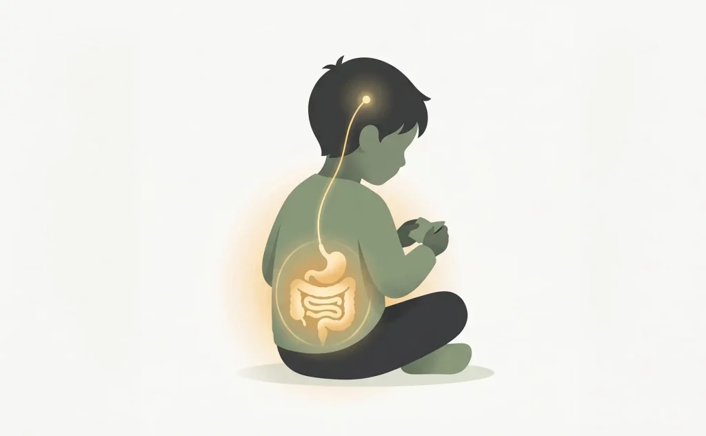 Sitzendes Kind im Profil mit leuchtend dargestelltem Verdauungstrakt und feiner Verbindung zum Kopf – Symbolbild für funktionelle Magen-Darm-Störungen (FGID) und die Bauch-Hirn-Achse bei Kindern