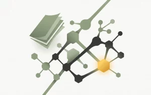 Abstrakte Illustration aus wissenschaftlichen Studienseiten und einem vernetzten Molekülmodell mit hervorgehobenem Knotenpunkt – Symbolbild für osteopathische Forschung zu Menstruationsschmerzen bei primärer Dysmenorrhö