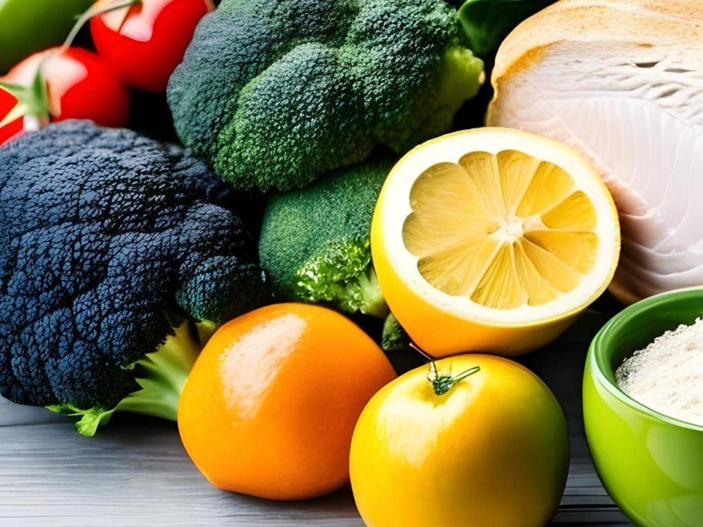 Eine vielfältige Auswahl an Obst und Gemüse auf einem rustikalen Holztisch.