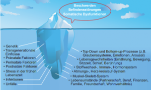 Illustration of an iceberg representing layers contributing to psychosomatic disorders, with the visible tip listing complaints and dysfunctions. Beneath the surface, it highlights genetics, lifestyle, and influences like psychosomatic osteopathy.