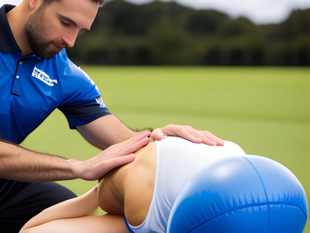 Ein Mann unterstützt eine Frau mit einem Ball auf dem Rücken bei einer Sportosteopathie.